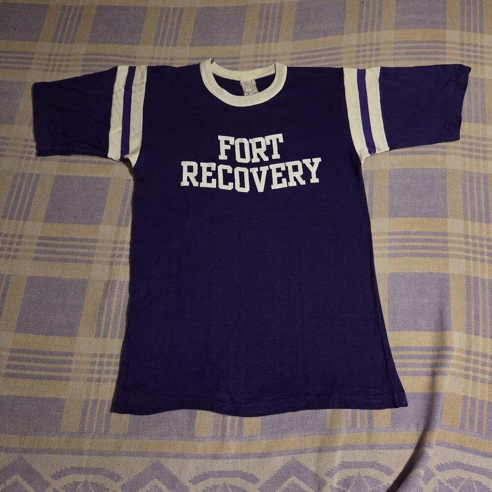 Vintage 70s Fort Recovery Cotton Rayon Durene T Shirt School Jersey 76 Purple